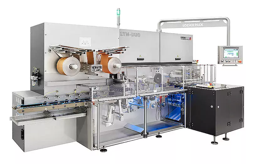 LoeschPack packaging line at customer Weinrich General view of the LTM-DUO packaging line