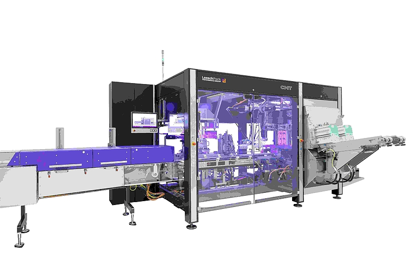 Kartoniermaschine CMT von LoeschPack mit Förderband für automatisierte Verpackung von Produkten