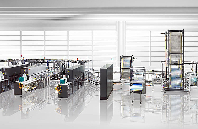 Blick auf gesamte Verpackungsanlage für Schokolade