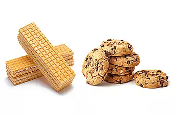 Cookies and wafers packaging solutions Two wafers on top of each other next to six stacked cookies