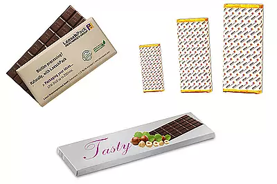 Fold wrapping machine LTM for chocolate packaging Different chocolate tablets packed differently in fold wrapper