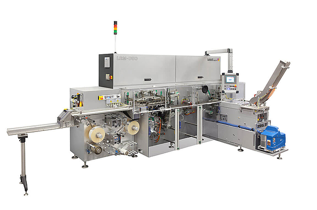Máquina envolvedora automática de pliegues de dos etapas LRM-Duo para multienvases vista general lateral envolvedora de pliegues LRM-Duo de Loeschpack