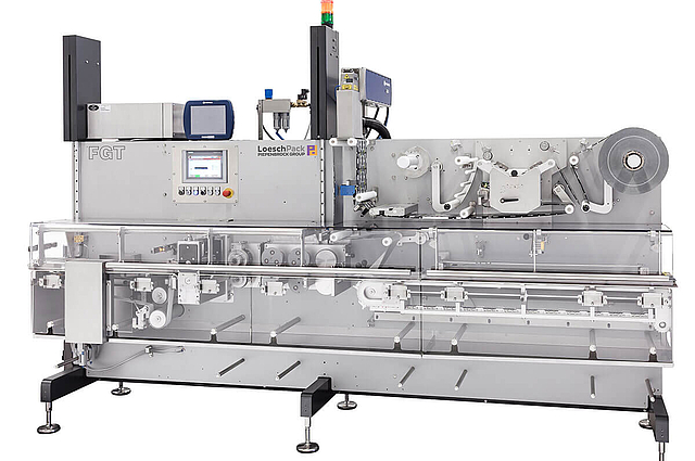Horizontale Schlauchbeutelmaschine FGT von LoeschPack seitliche Gesamtansicht horizontale Schlauchbeutelmaschine FGT für die Verpackung in Dreirandsiegelbeuteln