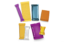 Eight products packed in colorful packaging