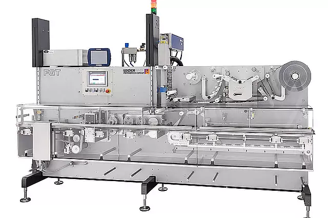 lateral general view horizontal flow wrap machine FGT for packaging in three-side-sealed bags
