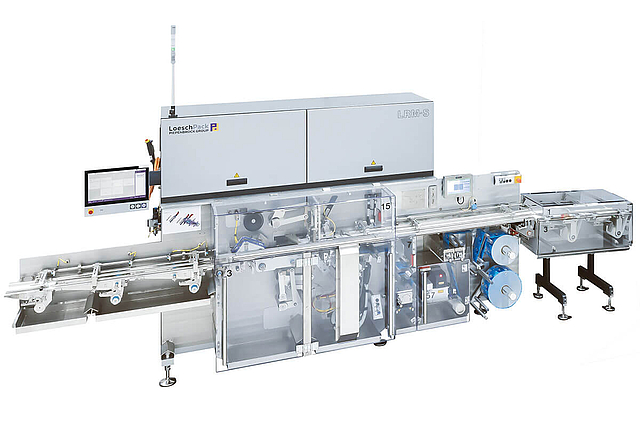 Kompakte Falteinschlagmaschine LRM-S von Loeschpack seitliche Ansicht der Schokoladenfalteinschlagmaschine LRM-S von Loeschpack
