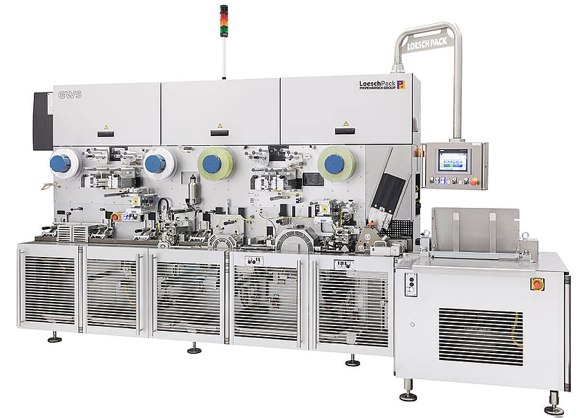 seitliche Gesamtansicht Falteinschlagmaschine GWS von Loeschpack 