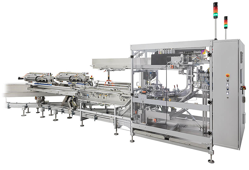 Flexibles automatisches Trayloadingsystem TBS von LoeschPack seitliche Ansicht Trayloadingsystem TBS von Loeschpack