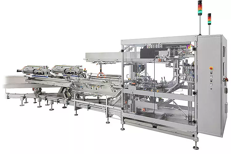 Flexible automatic tray loader TBS-2 from LoeschPack Side view trayloader TBS-2 from Loeschpack
