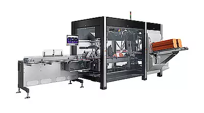 Toploading cartoner CMT from LoeschPack side view cartoning system CMT looking at the conveyor belt.
