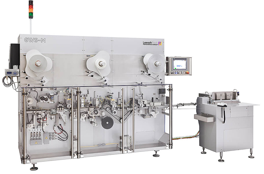 seitliche Gesamtansicht Falteinschlagmaschine GWS-M von Loeschpack