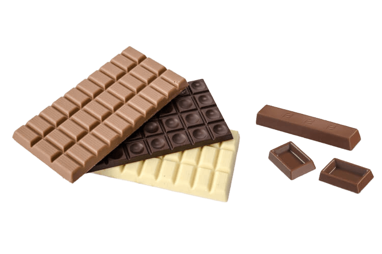 Verschiedene Schokoladentafeln und Stücke, Vollmilch, Zartbitter und weiße Schokolade im Detail
