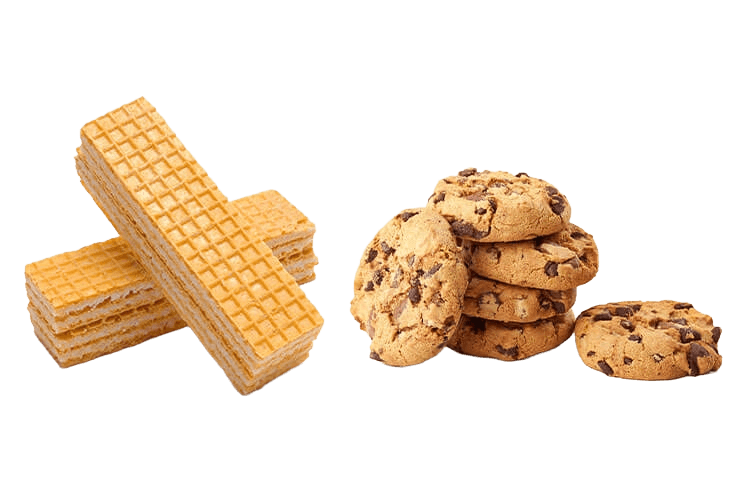 Knusprige Waffeln und Schokokekse, gestapelt und einzeln dargestellt, Produktvielfalt im Fokus