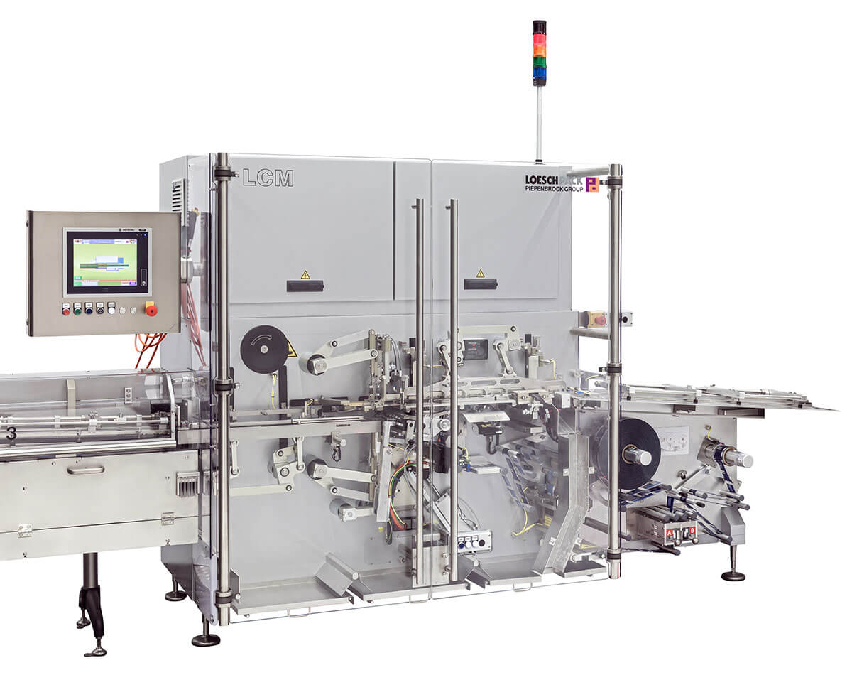 Machine automatique d'emballage sous cellophane LCM de LoeschPack Vue générale latérale de la machine à emballer la cellophane LCM de Loeschpack