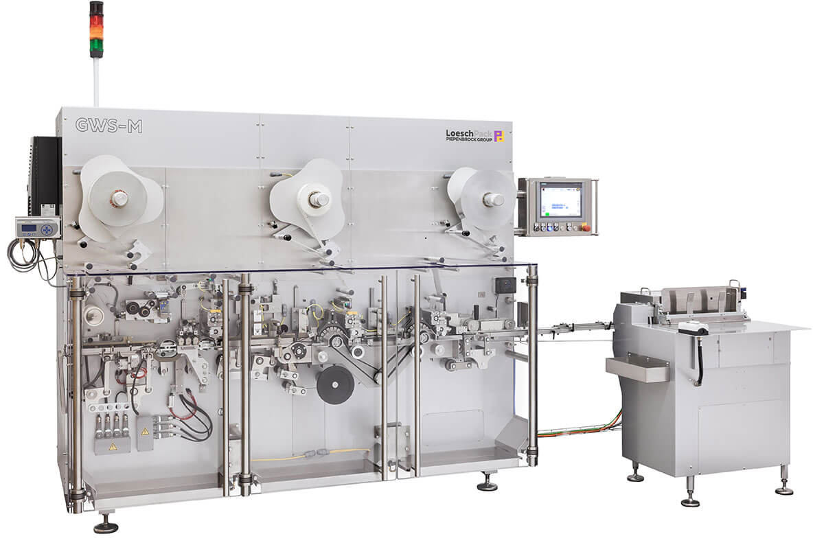 Falteinschlagmaschine GWS-M von Loeschpack seitliche Gesamtansicht Falteinschlagmaschine GWS-M von Loeschpack