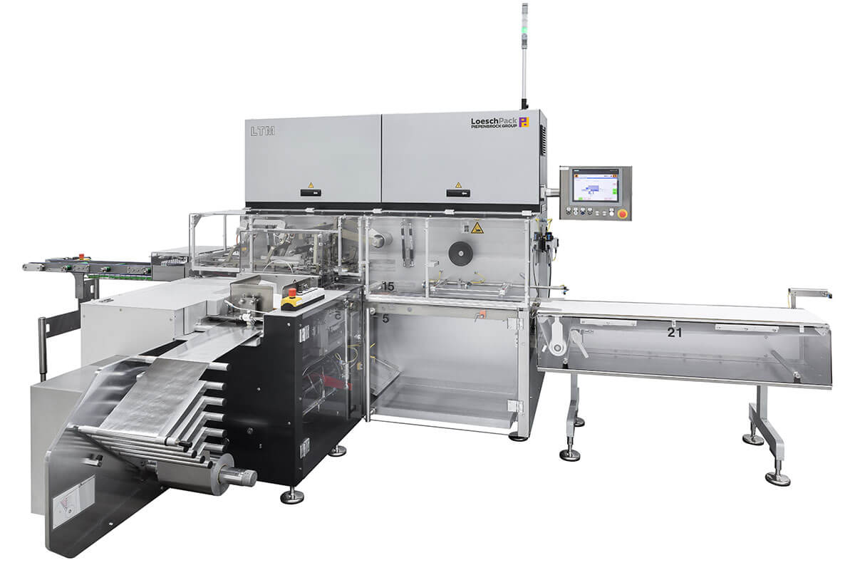 Plegadora automática compacta de una etapa LTM Vista lateral máquina envolvedora LTM para confitería rectangular de Loeschpack