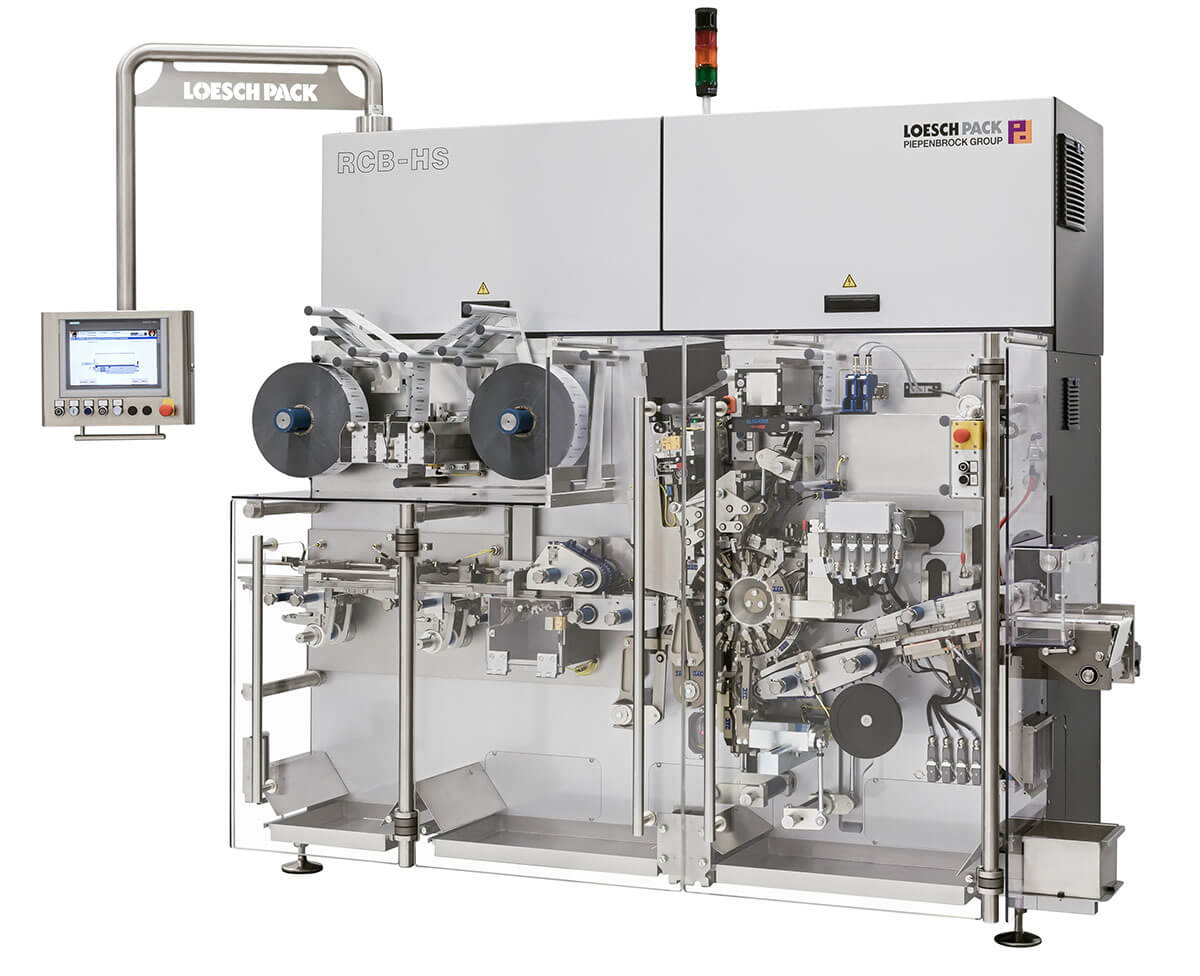 Vue générale de la machine à emballer RCB-HS pour barres chocolatées de Loeschpack
