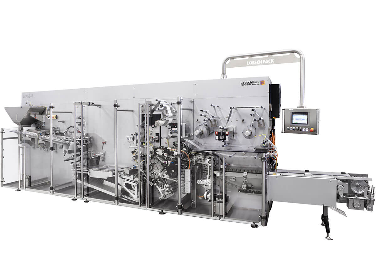 Automatische Hochleistungs-Falteinschlagmaschine RPM-S für Bonbons seitliche Ansicht Falteinschlagmaschine RPM-S von Loeschpack für Bonbons