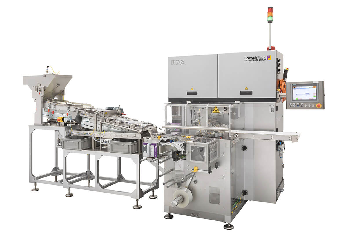 Máquina envolvedora de pliegues RPM con cabezal de envoltura vista general lateral envolvedora de pliegues con cabezal de envoltura de Loeschpack