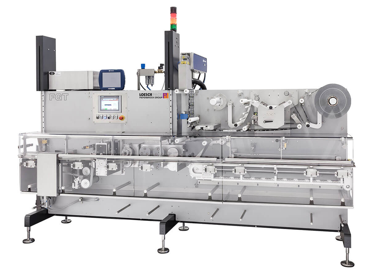 Horizontal form fill and seal machine FGT from LoeschPack. lateral general view horizontal form fill and seal machine FGT for packaging in three-side-sealed bags