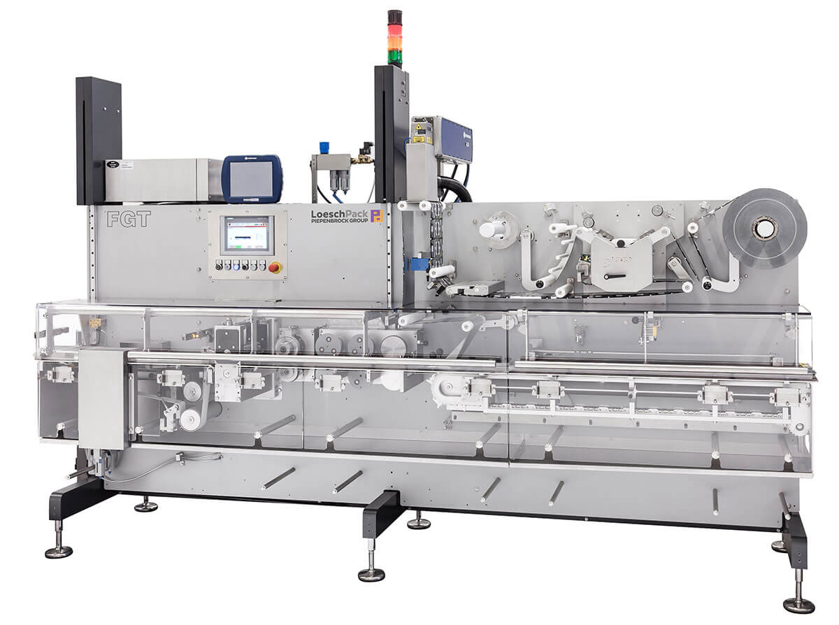 Horizontale Schlauchbeutelmaschine FGT von LoeschPack seitliche Gesamtansicht horizontale Schlauchbeutelmaschine FGT für die Verpackung in Dreirandsiegelbeuteln