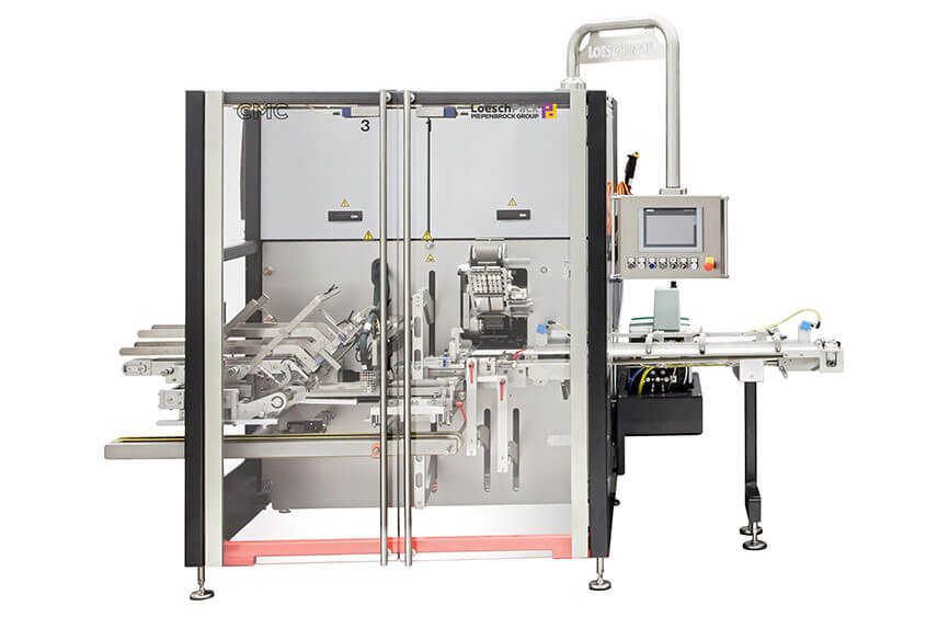 Kartonierer und Kartoniermaschine CMC von LoeschPack Frontalansicht Kartonierer CMC von Loeschpack