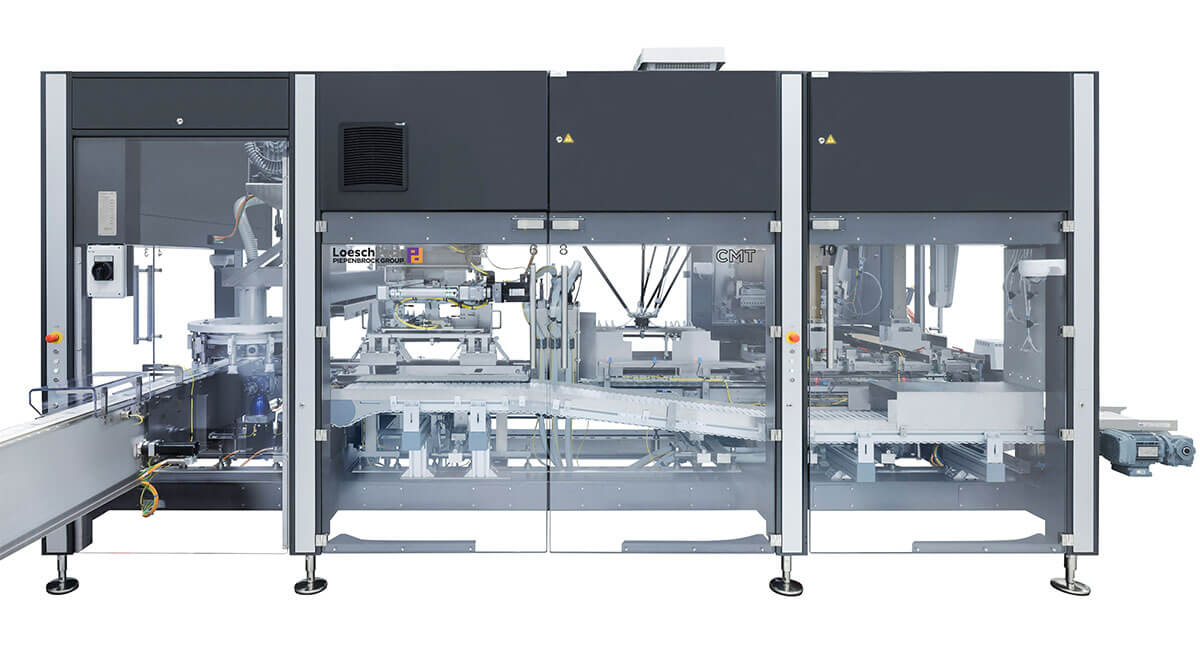 Toploading-Kartoniersystem CMT von LoeschPack seitliche Ansicht des Kartonierers CMT