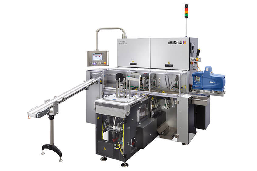 Gesamtansicht Falteinschlagmaschine CSL mit Blick auf Fließband