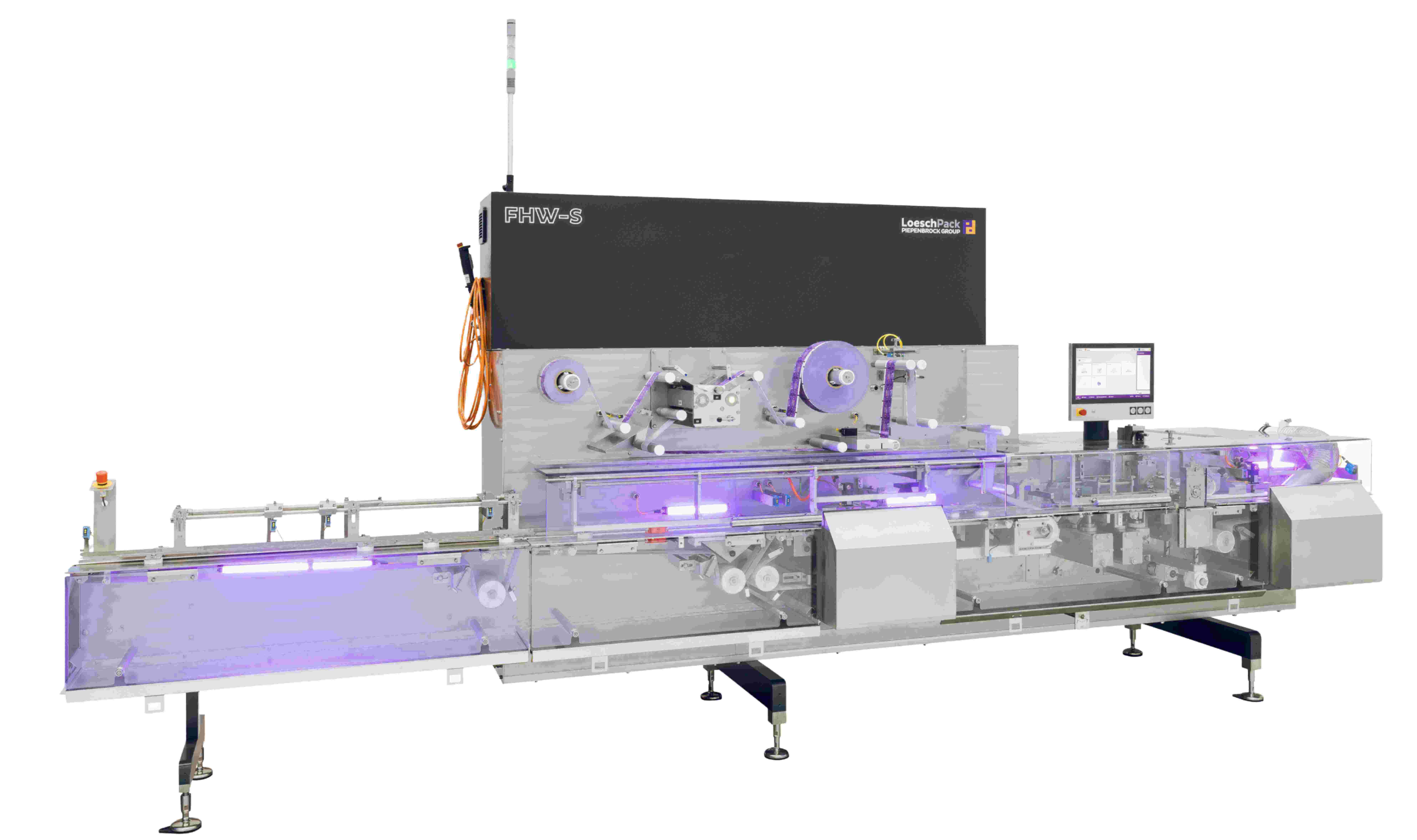 Horizontale Schlauchbeutelmaschine FHW-S von LoeschPack zur automatisierten Verpackung von Riegeln und Lebensmitteln